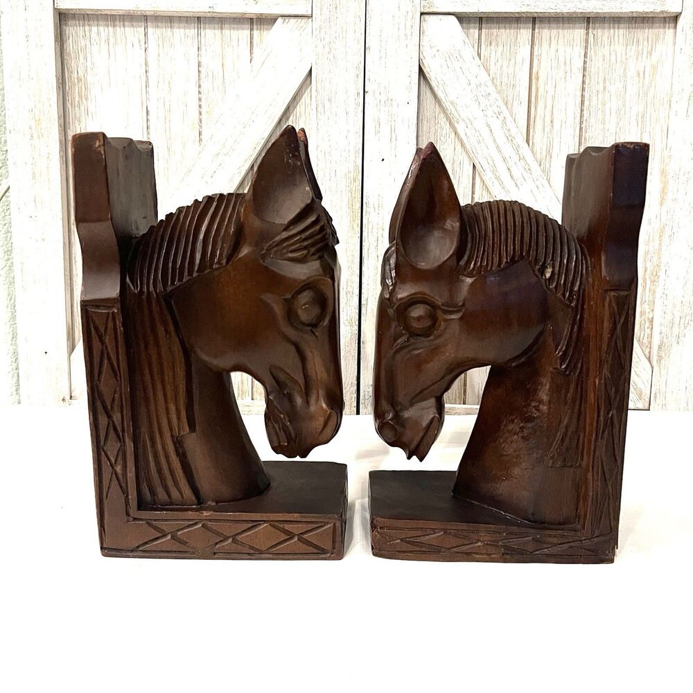 VTG Hand Carved Wood Horse Head Bookends Western Rustic Decor Cowboy Equestrian - Picture 3 of 9